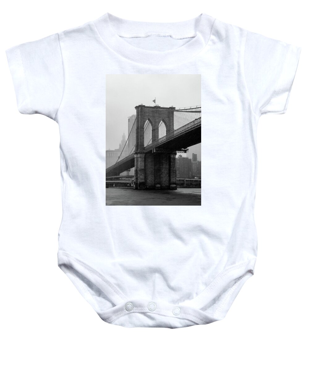 Brooklyn Baby Onesie featuring the photograph Brooklyn Bridge in a Storm by Adam Reinhart