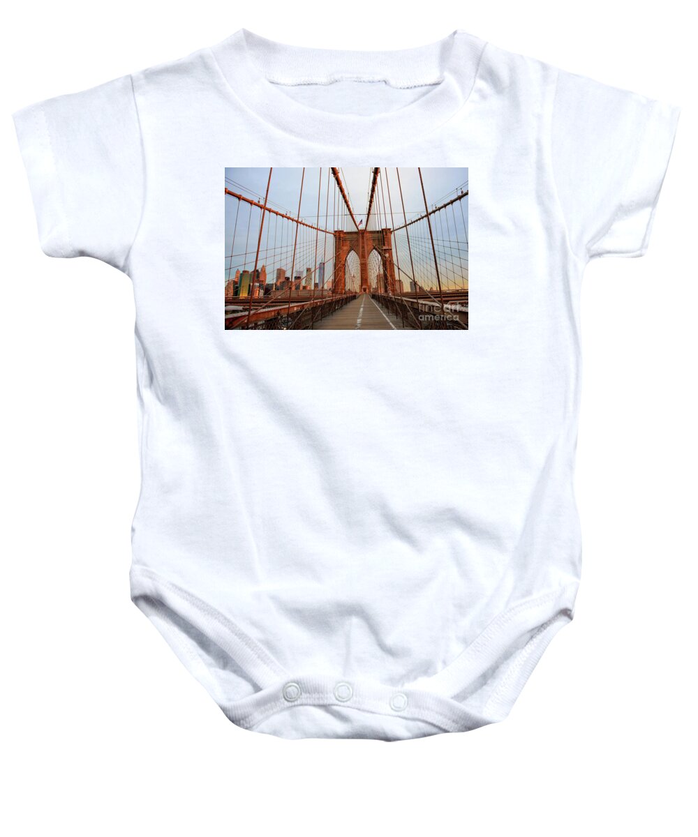 Brooklyn Bridge Baby Onesie featuring the photograph Brooklyn Bridge Sunrise by Anna Serebryanik
