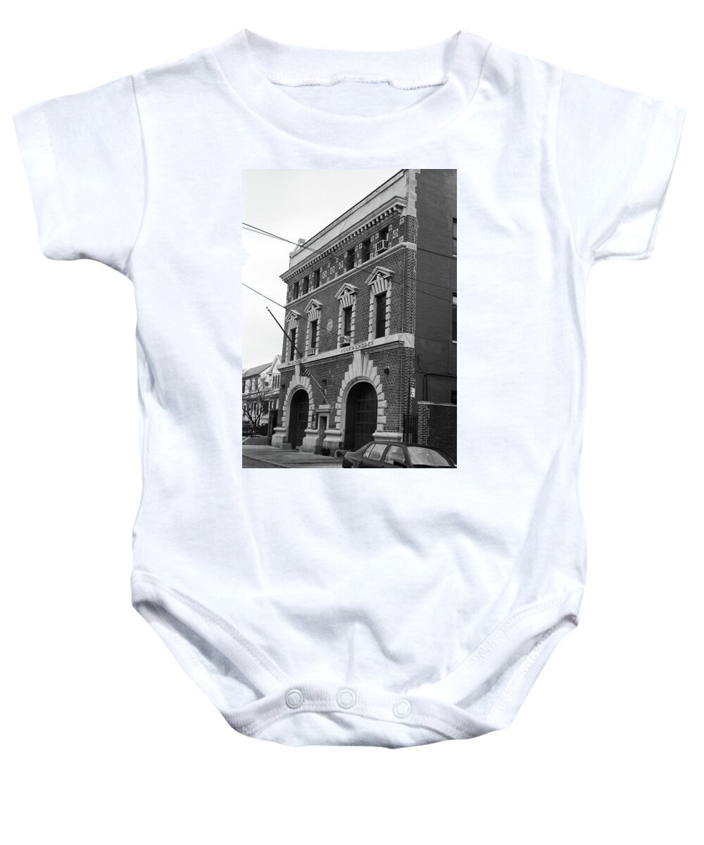 Architecture Baby Onesie featuring the photograph Brooklyn Firehouse Building 2001 BW by Frank Romeo