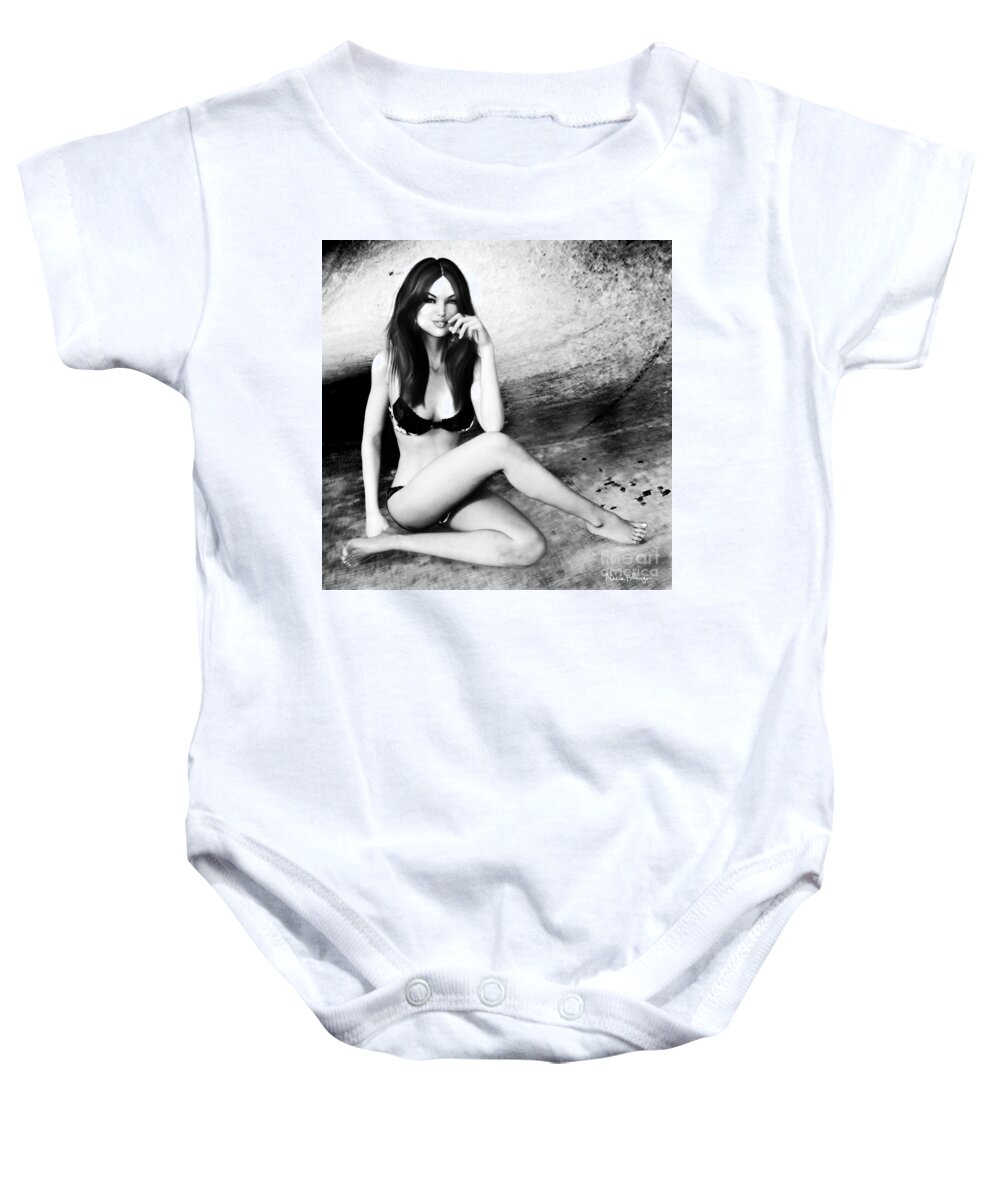 Brunette Baby Onesie featuring the digital art Brunette in Lingerie Black and White by Alicia Hollinger
