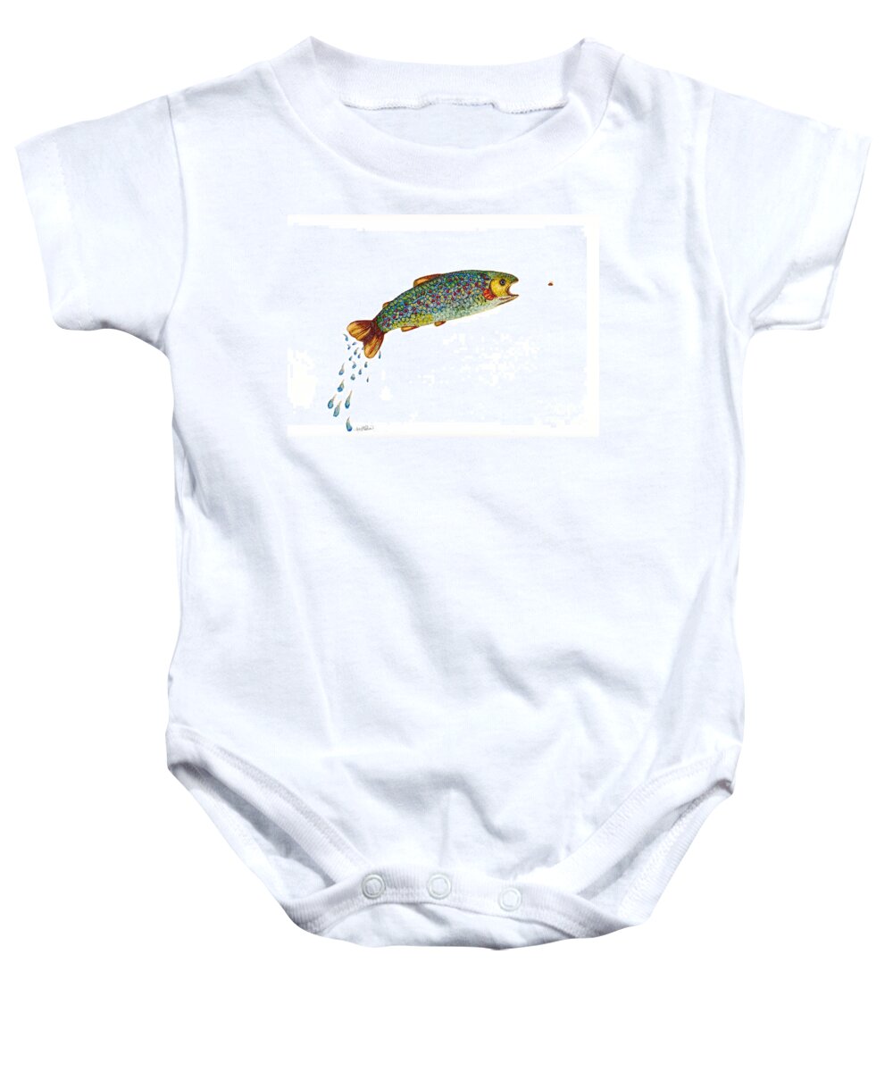 Woolyfrogarts Baby Onesie featuring the mixed media Jumping for Dinner by Jan Killian
