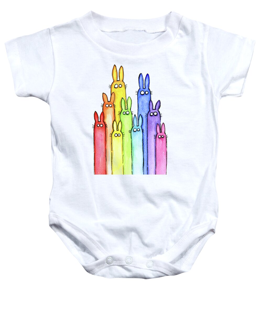Baby Baby Onesie featuring the painting Bunny Rabbits Watercolor Rainbow by Olga Shvartsur