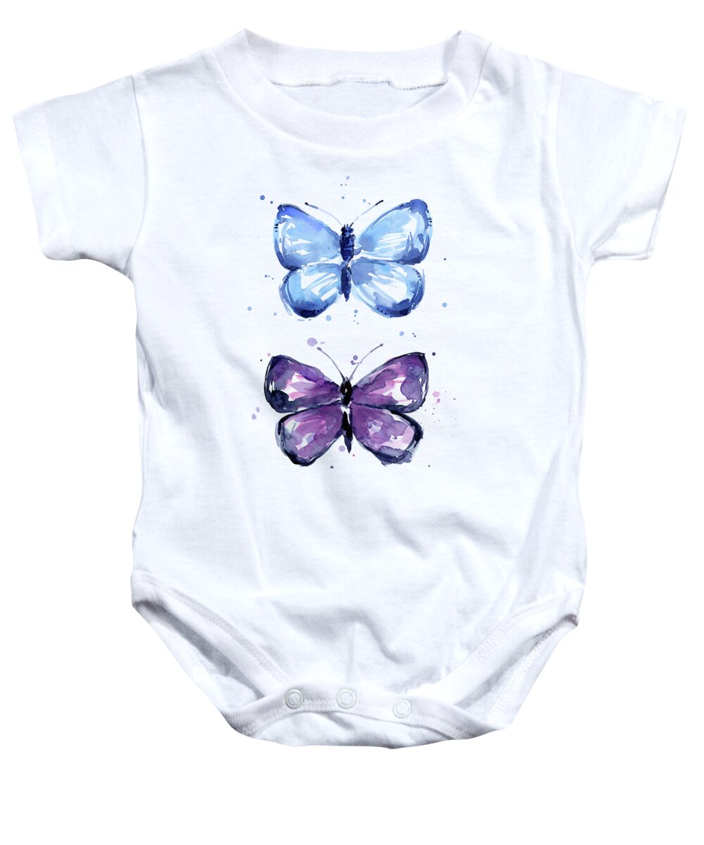 Abstract Baby Onesie featuring the painting Butterflies Blue and Purple by Olga Shvartsur