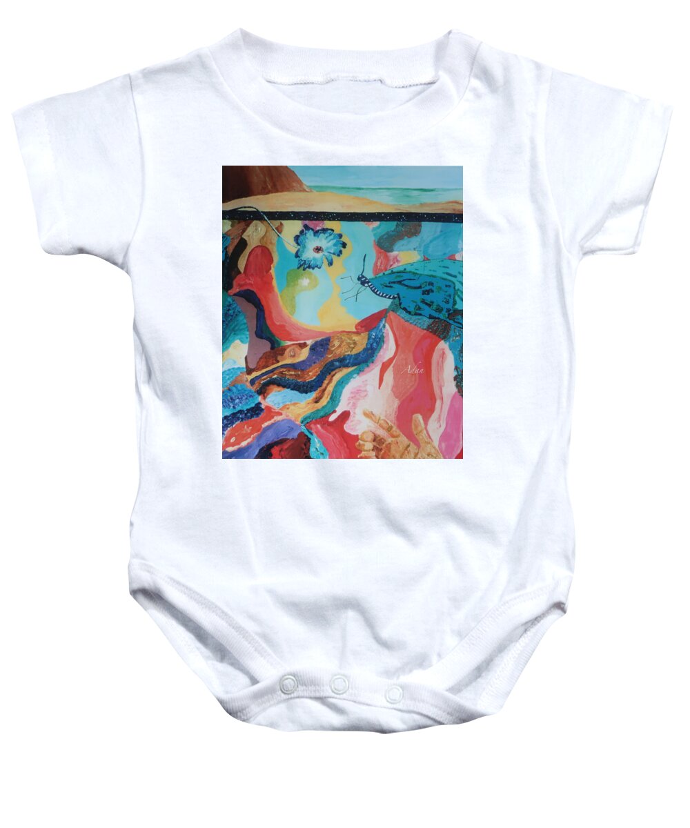Original Oils Baby Onesie featuring the painting Butterfly and Hand Surreal Abstract Vertical by Felipe Adan Lerma