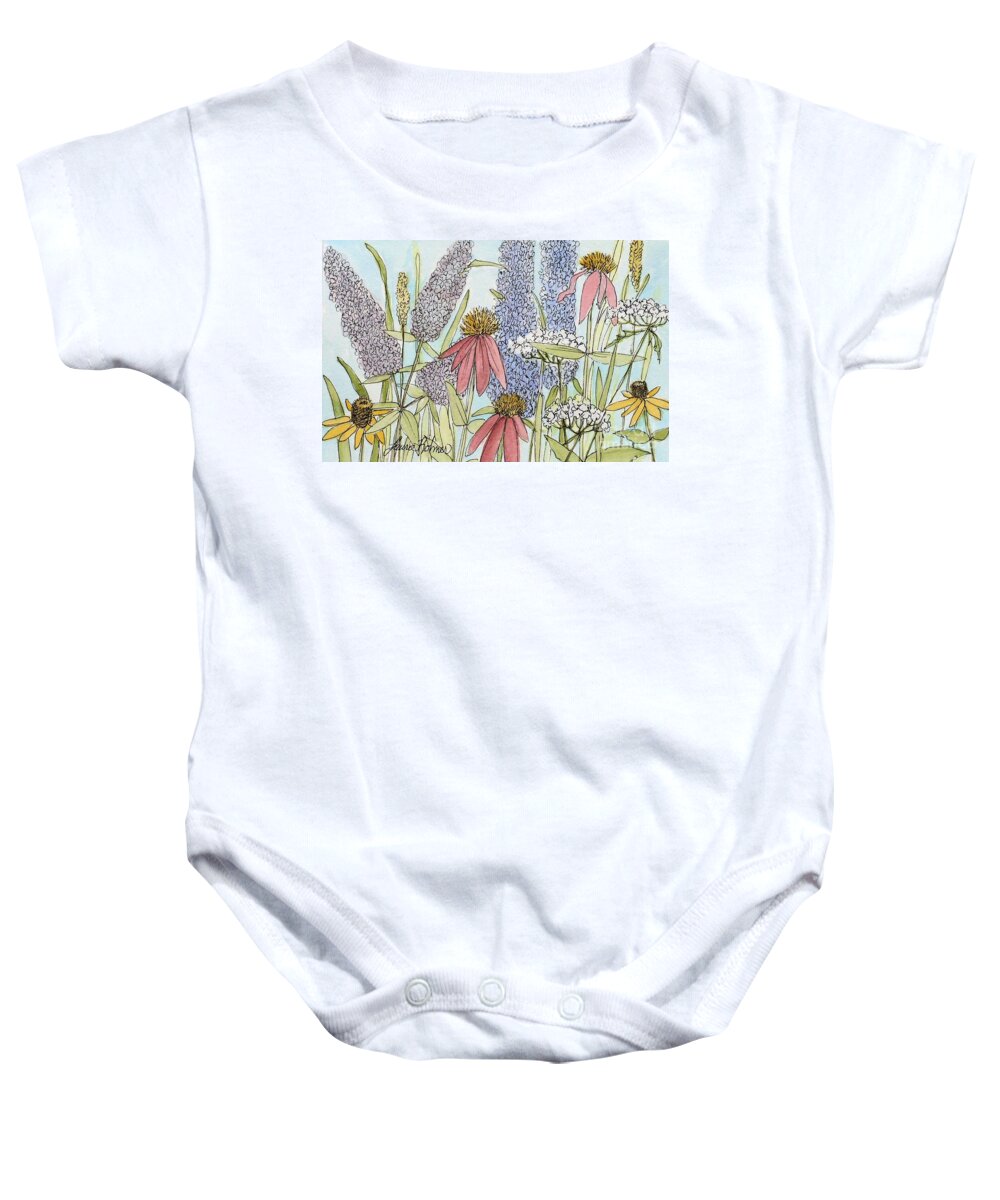 Landscape Baby Onesie featuring the painting Butterfly Bush in Garden by Laurie Rohner