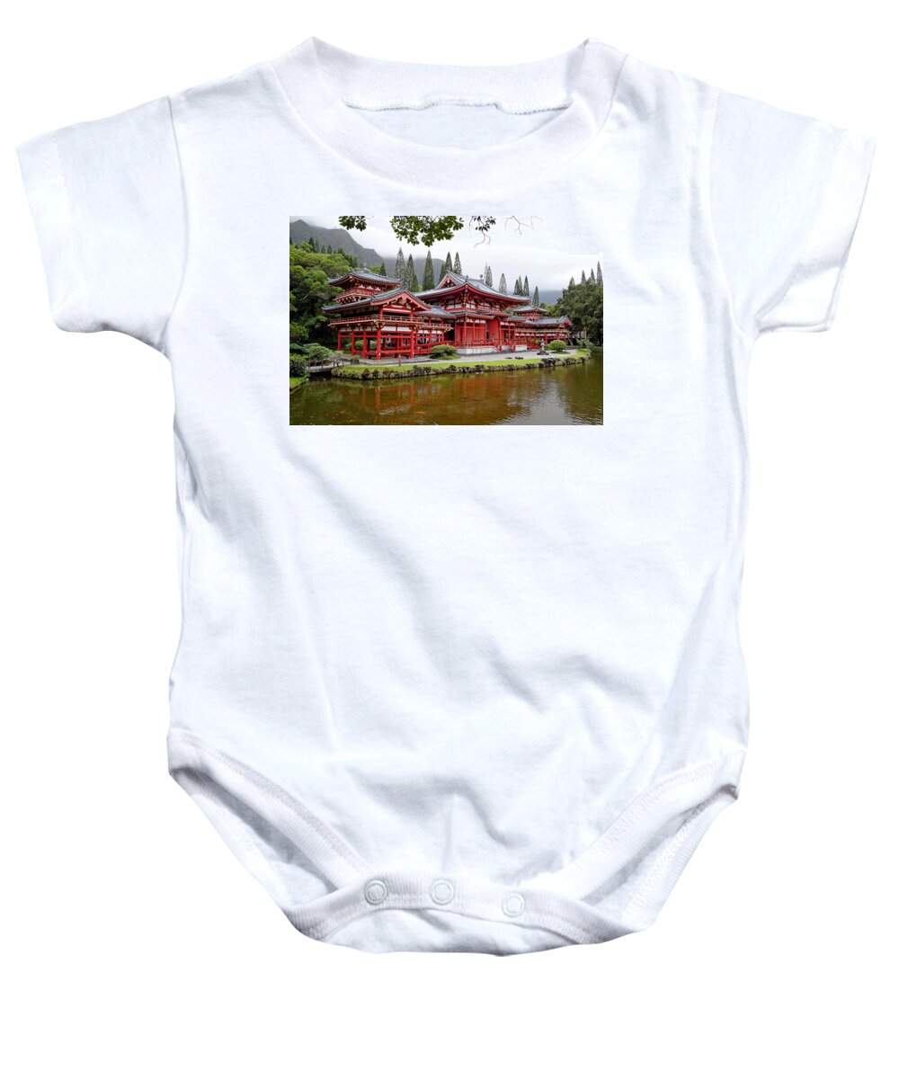 Byodo-in Temple Baby Onesie featuring the photograph Byodo-In Temple Oahu by Robert Meyers-Lussier