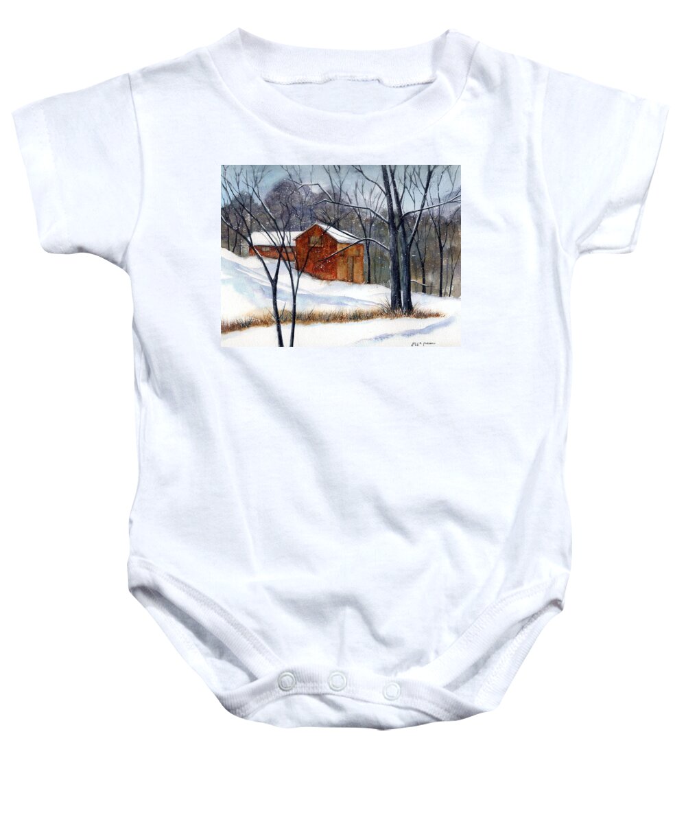 Cabin Baby Onesie featuring the painting Cabin in the Woods by Debbie Lewis