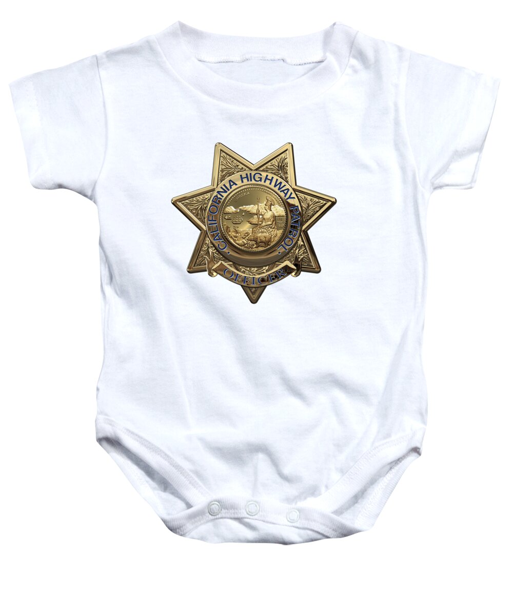 'law Enforcement Insignia & Heraldry' Collection By Serge Averbukh Baby Onesie featuring the digital art California Highway Patrol - C H P Police Officer Badge over White Leather by Serge Averbukh