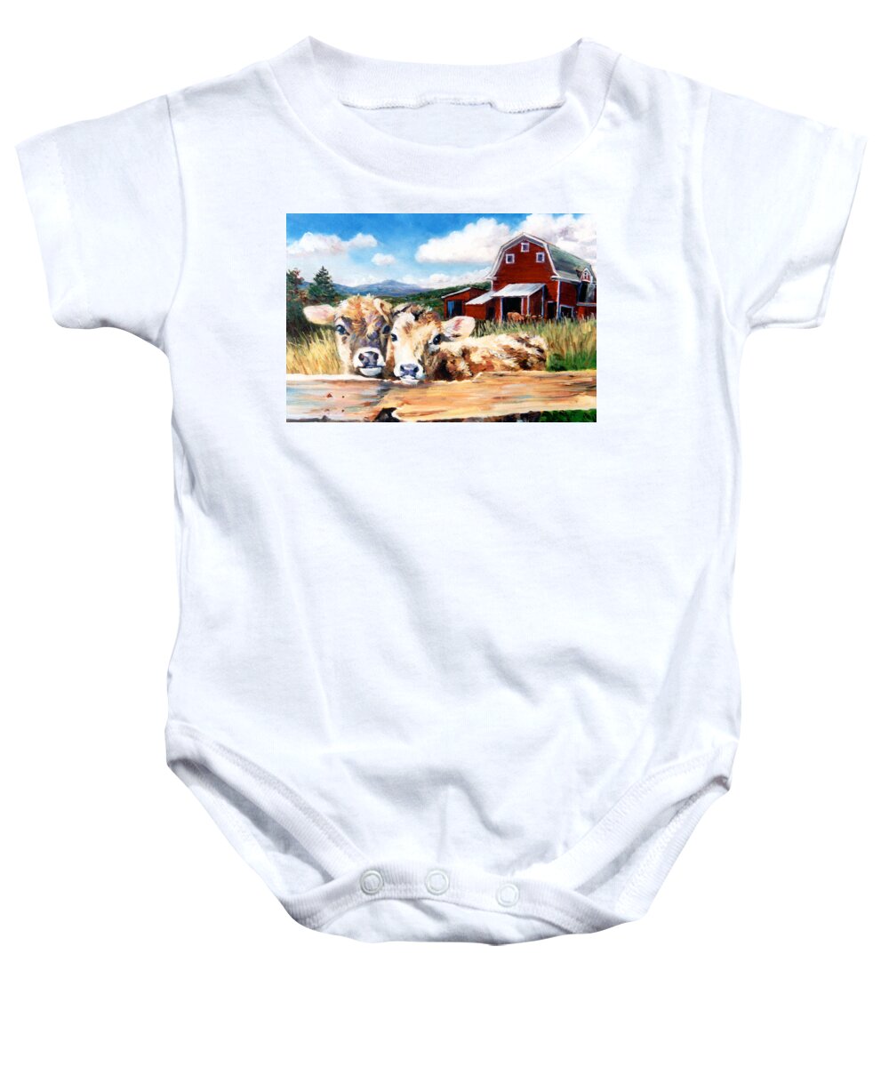 Cows Baby Onesie featuring the painting Calves by Marie Witte