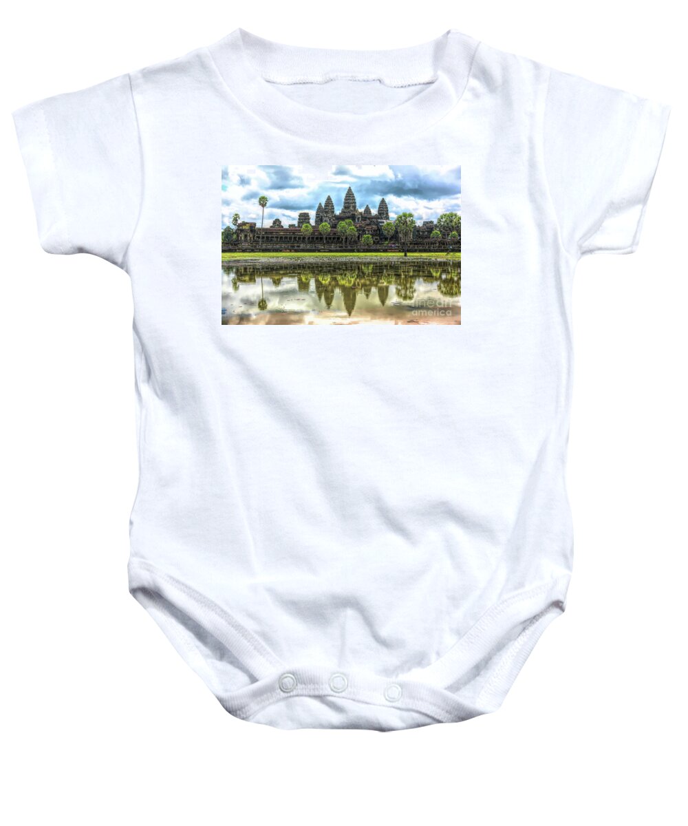 Angkor Wat Baby Onesie featuring the digital art Cambodia Panorama Angkor Wat Reflections by Chuck Kuhn