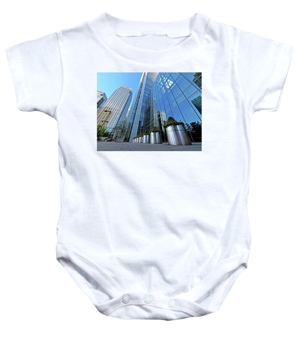 London Baby Onesie featuring the photograph Canary Wharf Financial District Reflections London by Gill Billington
