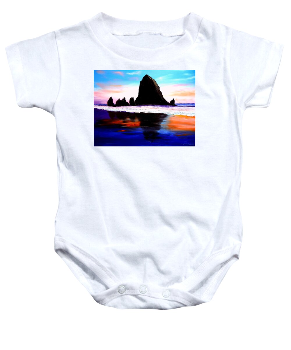  Baby Onesie featuring the painting Cannon Beach Hay Stack Rocks #23 by James Dunbar
