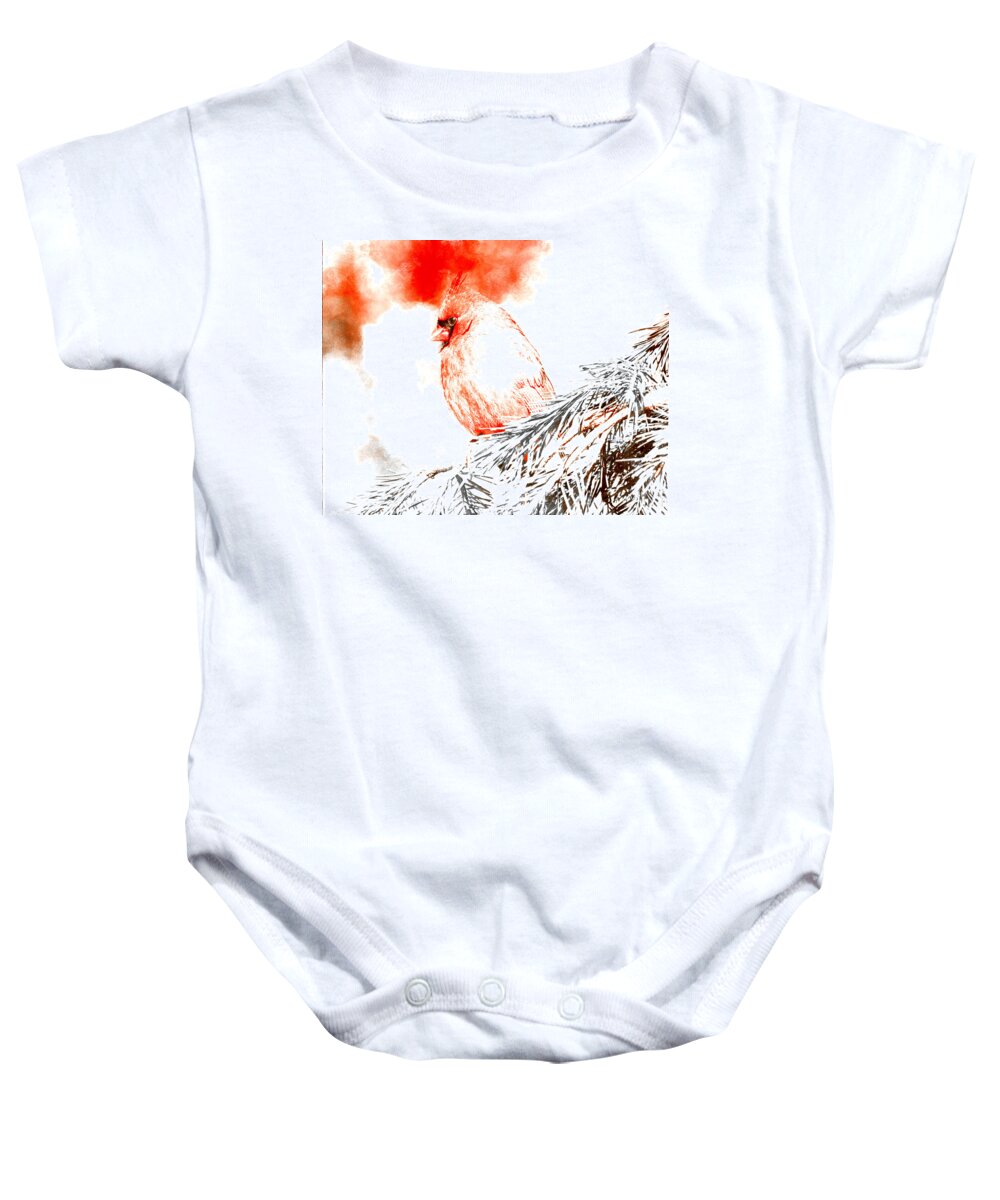 Cardinal Baby Onesie featuring the digital art Cardinal in Snow by Femina Photo Art By Maggie