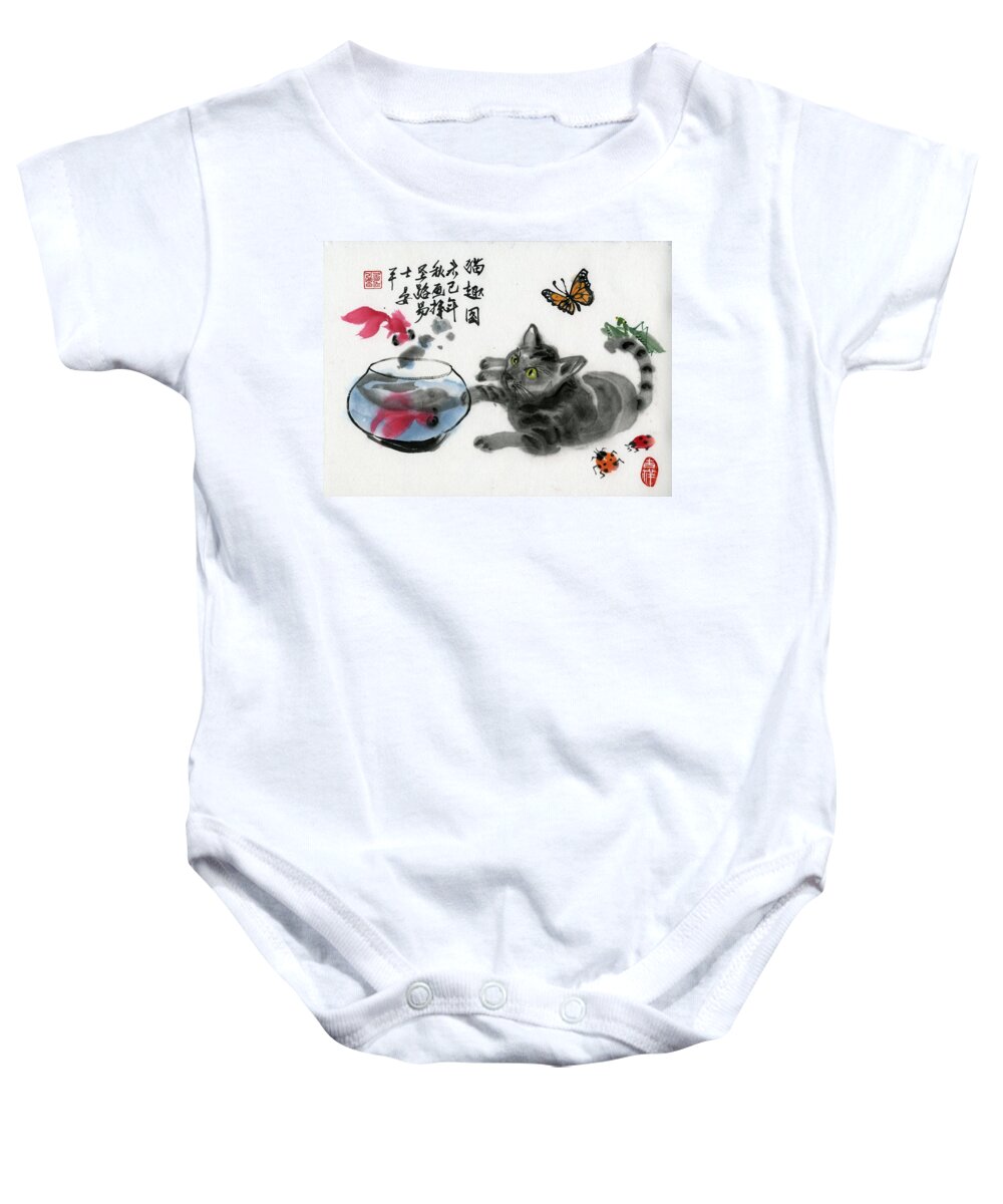 Cat Baby Onesie featuring the painting Cat And Golden Fish by Ping Yan