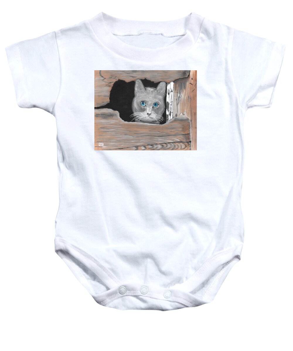 Cat Baby Onesie featuring the painting Cat in the hole by David Bigelow