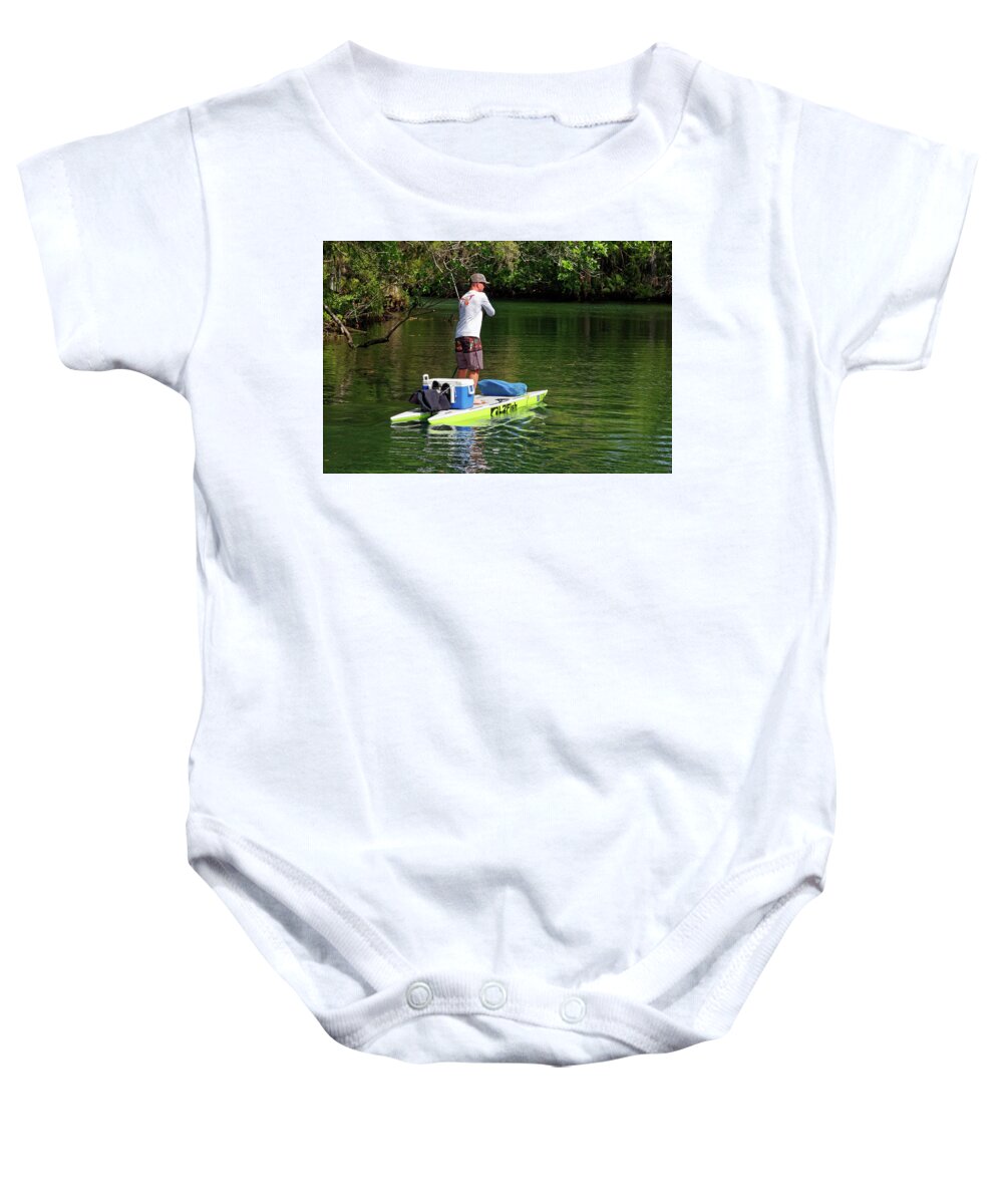 Young Man Standing On Paddle Board Baby Onesie featuring the photograph Catamaran Paddle Board by Sally Weigand