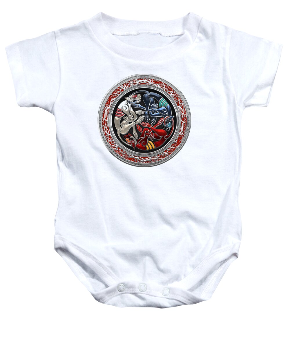 ‘celtic Treasures’ Collection By Serge Averbukh Baby Onesie featuring the digital art Celtic Treasures - Three Dogs on Silver and White Leather by Serge Averbukh