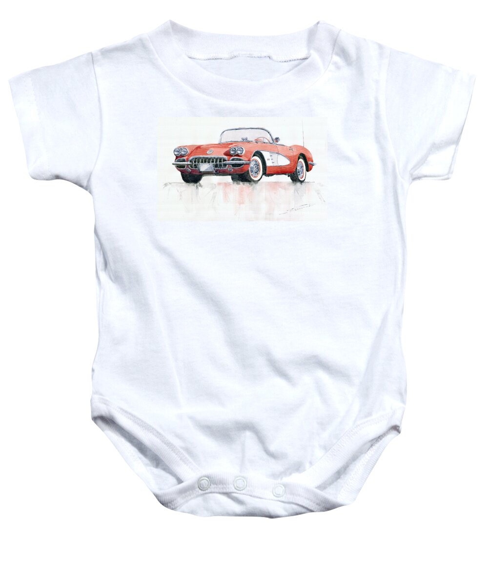 Watercolor Baby Onesie featuring the painting Chevrolet Corvette C1 1960 by Yuriy Shevchuk