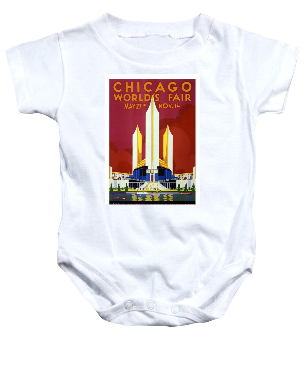 Chicago Baby Onesie featuring the mixed media Chicago World's Fair - Century of Progress - Retro travel Poster - Vintage Poster by Studio Grafiikka