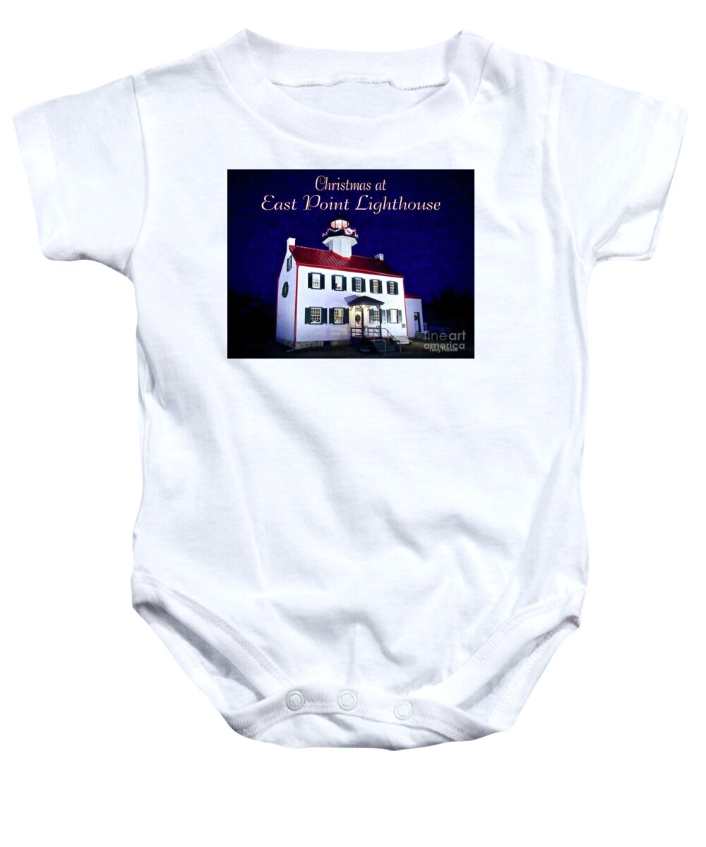 East Point Lighthouse Baby Onesie featuring the mixed media Christmas at East Point Lighthouse 2 by Nancy Patterson