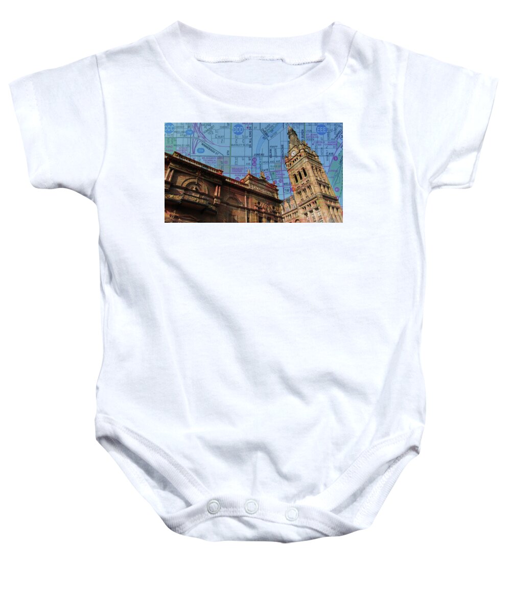 Milwaukee Baby Onesie featuring the photograph City Hall and Pabst Theater Rooflines w Map by Anita Burgermeister