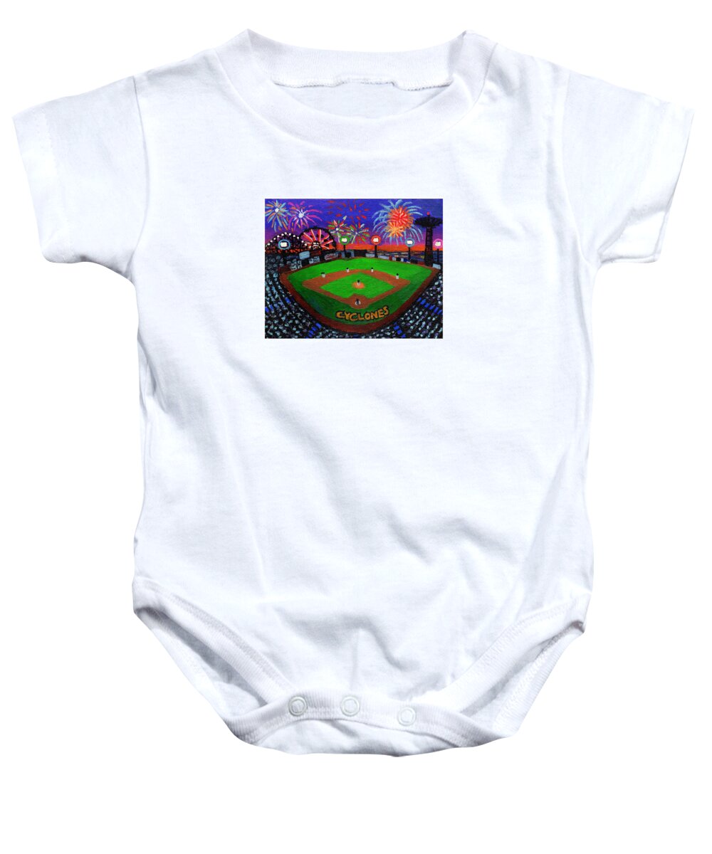 Coney Island Cyclones Stadium Baby Onesie featuring the painting Coney Island Cyclones Fireworks Display by Bonnie Siracusa