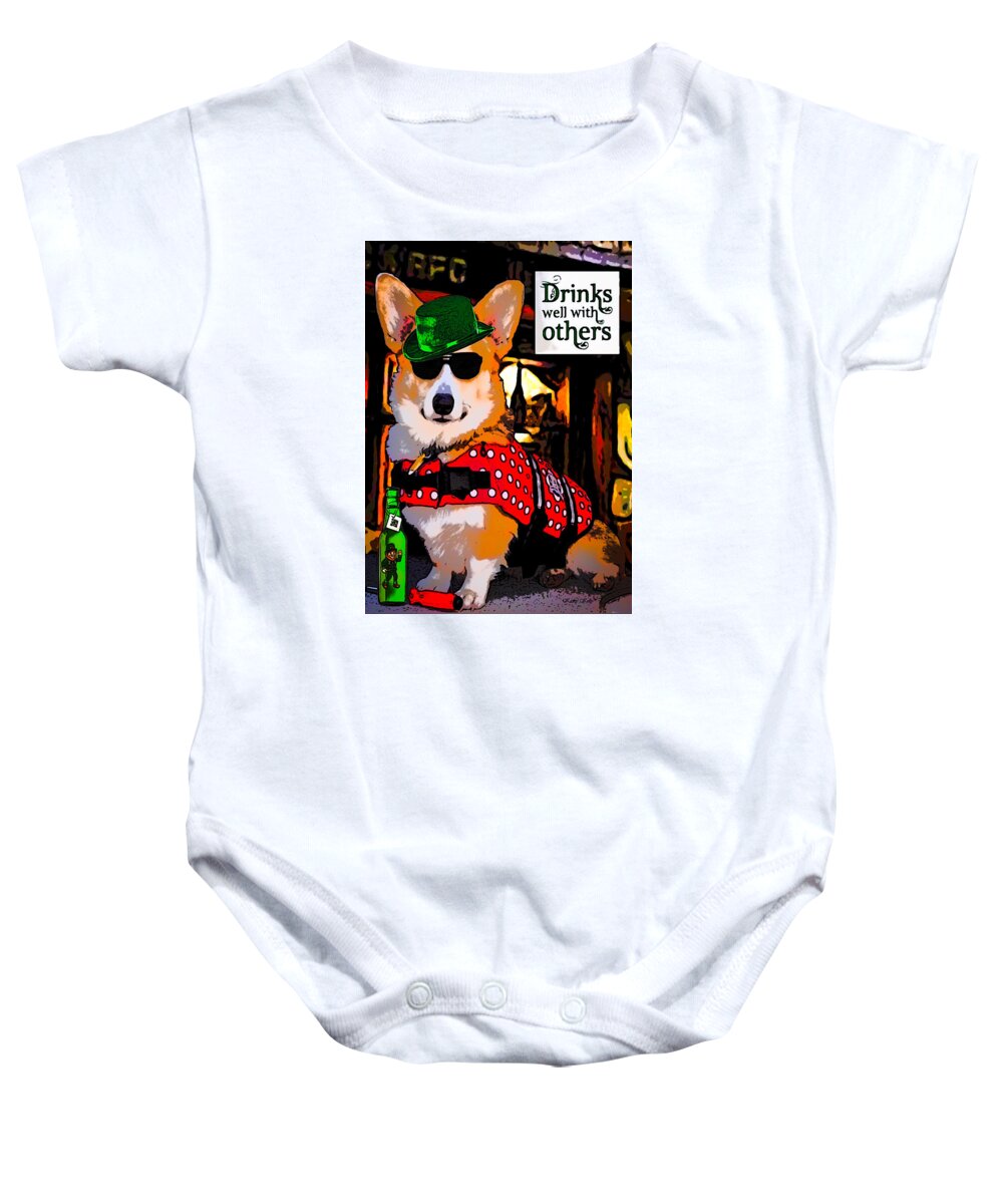 Pembroke Welsh Corgi Baby Onesie featuring the mixed media Corgi - Drinks Well with Others by Kathy Kelly