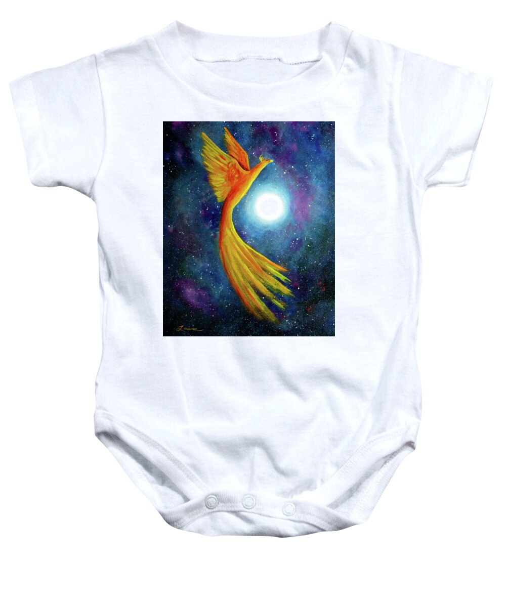 Zenbreeze Baby Onesie featuring the painting Cosmic Phoenix Rising by Laura Iverson