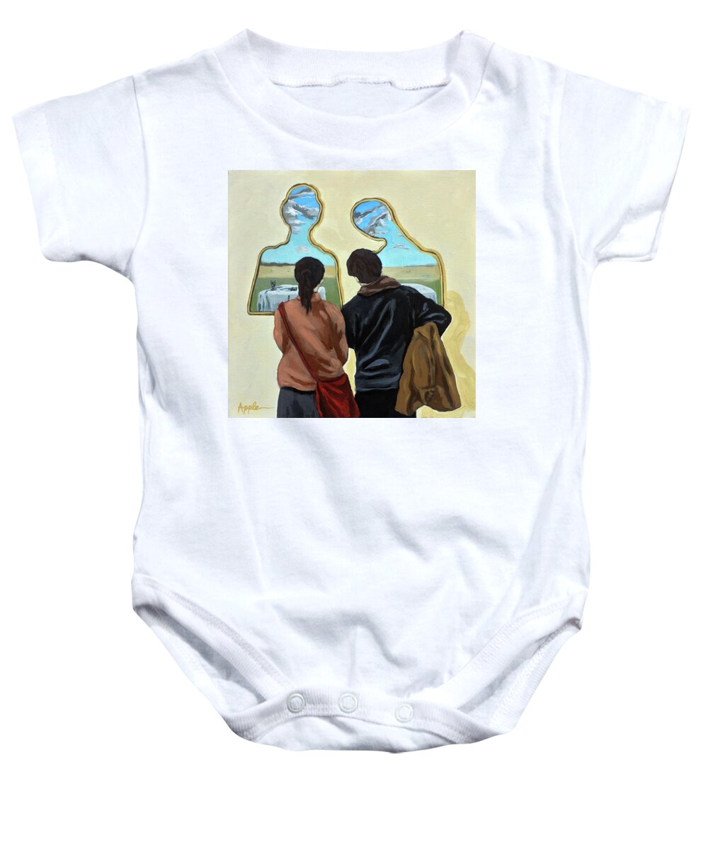 Dali Art Baby Onesie featuring the painting Couple with Their Heads Full of Clouds by Linda Apple