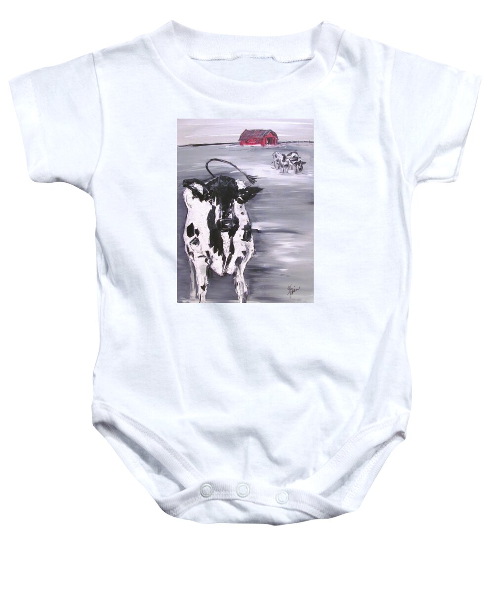 Cow Baby Onesie featuring the painting Cow in Winter by Terri Einer