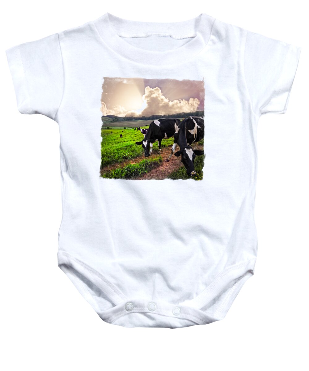 Agriculture Baby Onesie featuring the photograph Cows at Sunset Bordered by Debra and Dave Vanderlaan