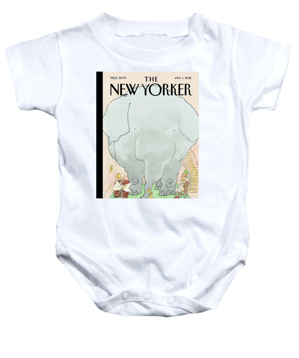 Elephant Baby Onesie featuring the drawing Cramped by George Booth