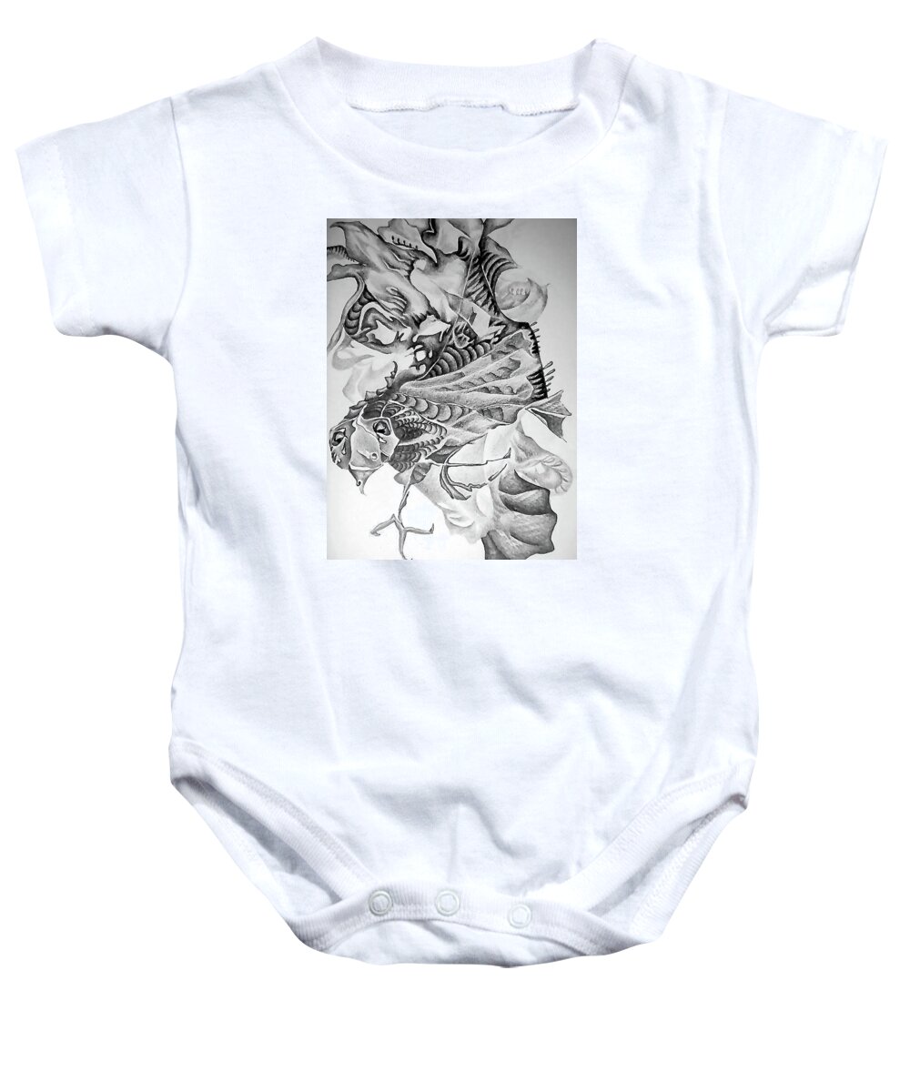 Abstract Baby Onesie featuring the drawing Crazy bird by Leizel Grant