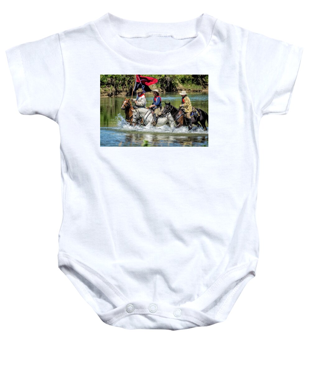 Little Bighorn Re-enactment Baby Onesie featuring the photograph Custer Crossing Little Bighorn River by Donald Pash