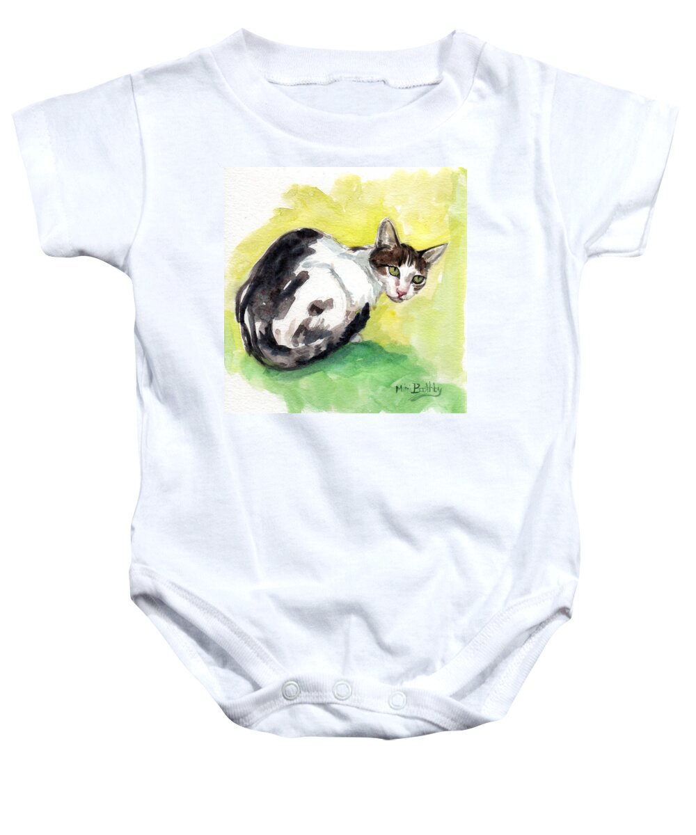 This Lovely Cat Watches Baby Onesie featuring the painting Daisy or Little Singer by Mimi Boothby