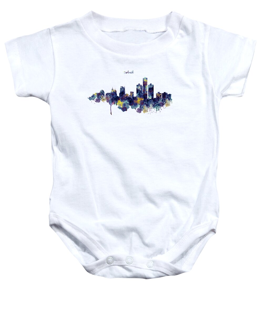 Detroit Baby Onesie featuring the painting Detroit Skyline Silhouette by Marian Voicu