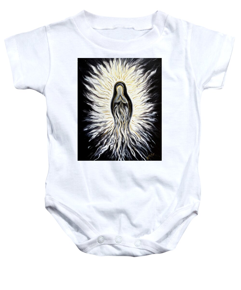 Divine Baby Onesie featuring the painting Divine Mother Black and White by Michelle Pier