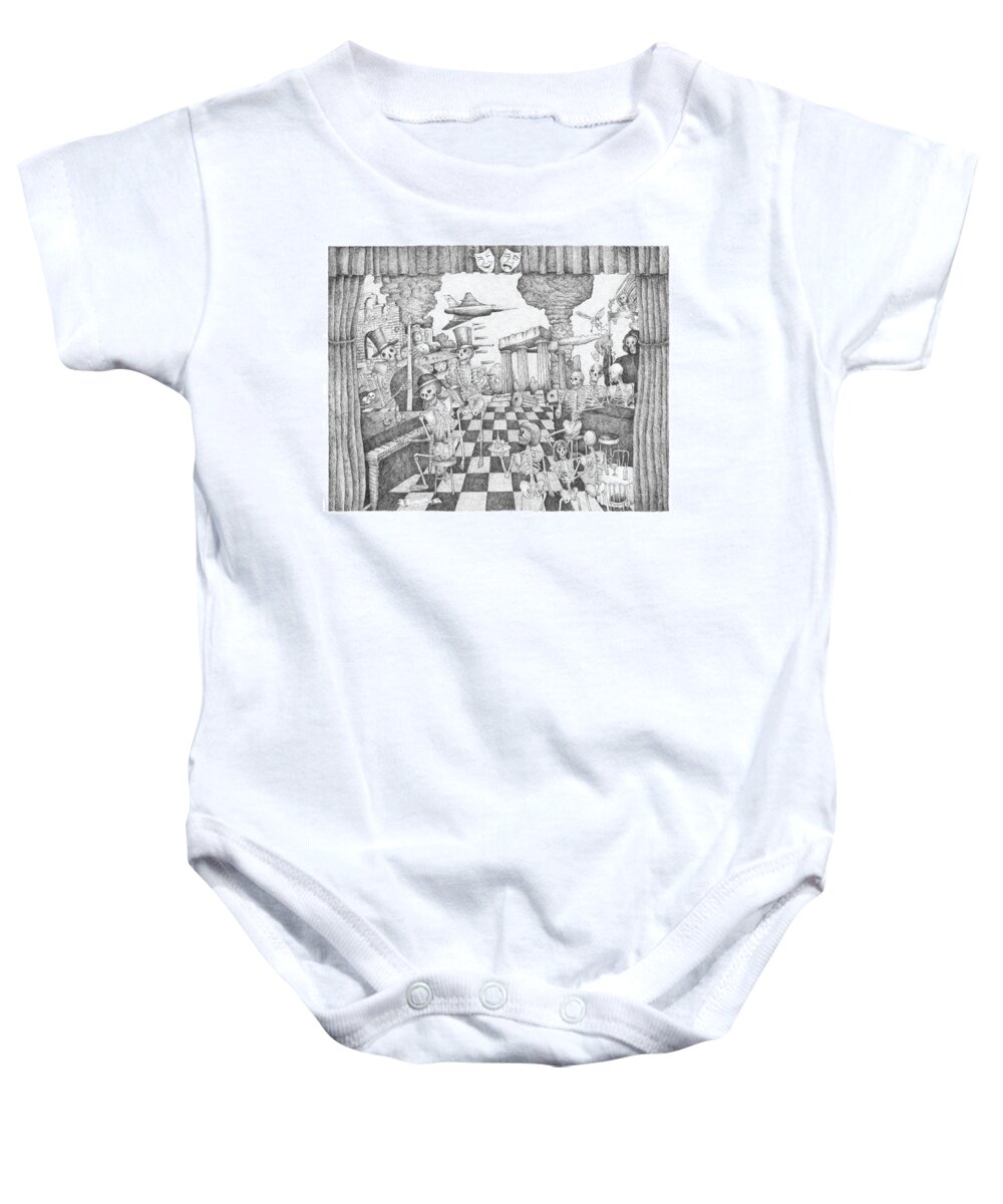 Flying Skeletons Baby Onesie featuring the drawing Don't Worry Be Happy 3 Who Fails to Remember the Past is Condemned to Repeat It by Gerry High