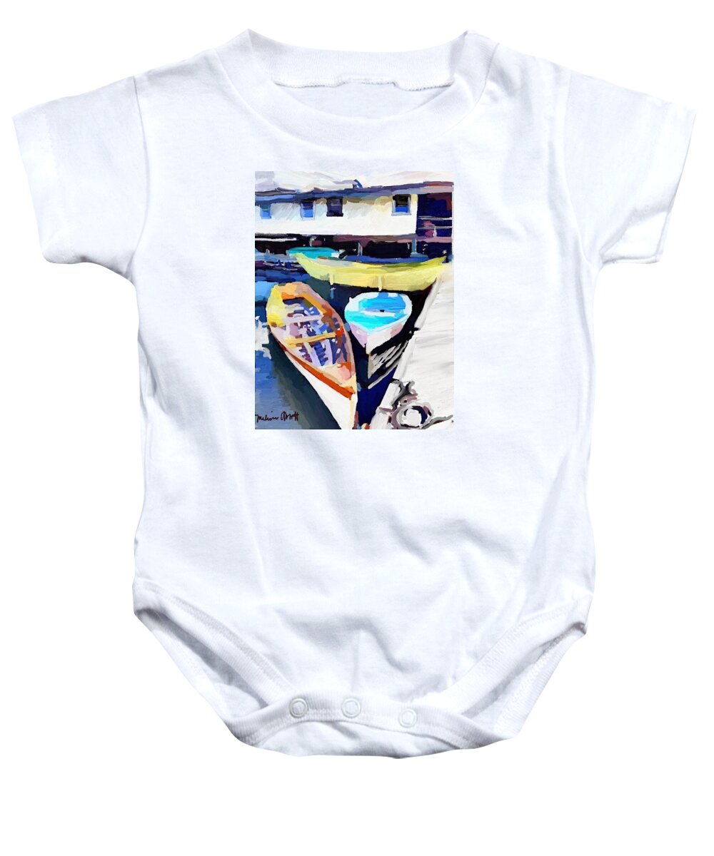Yellow Dory Baby Onesie featuring the painting Dory Dock at Beacon Marine Basin by Melissa Abbott