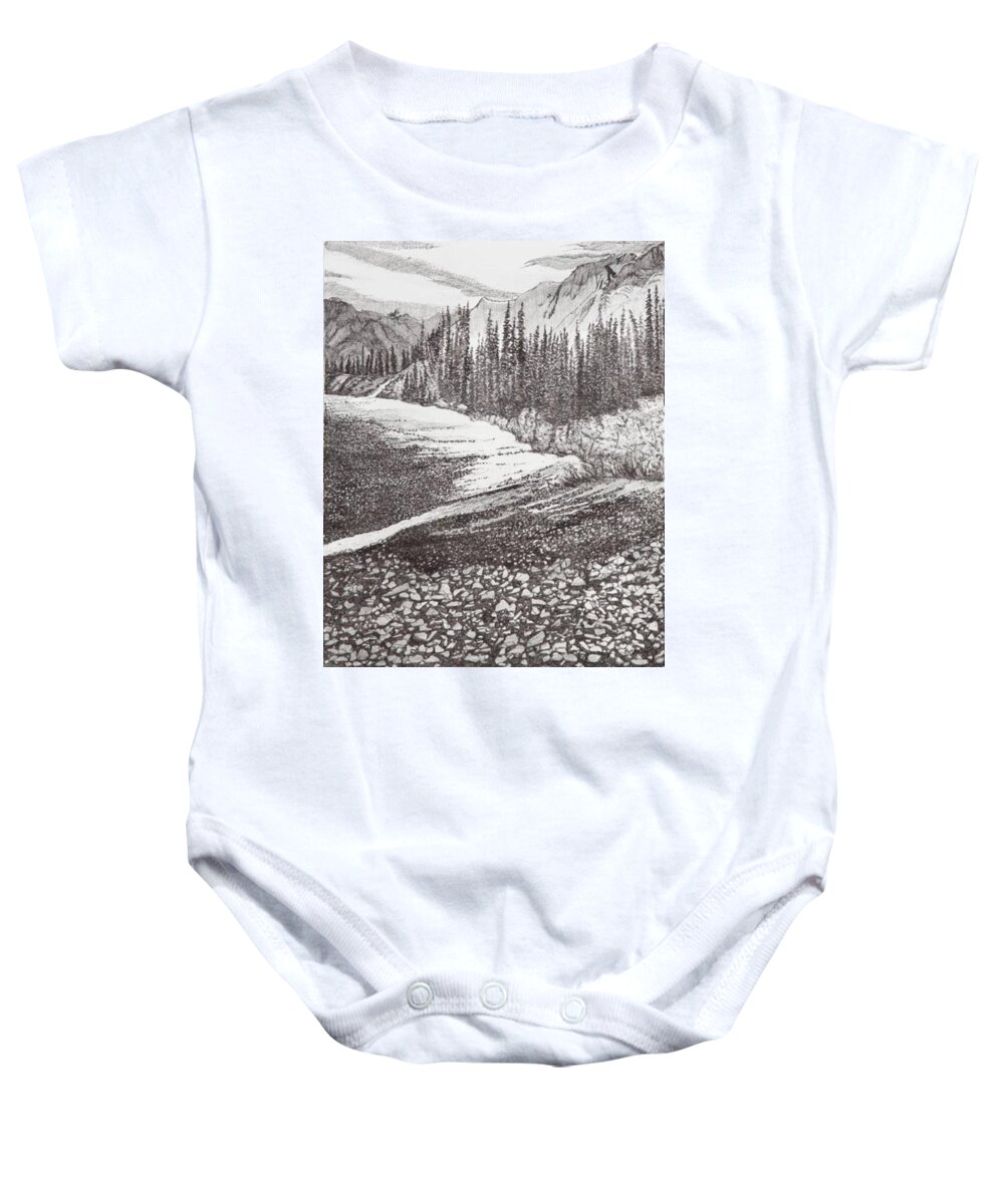 Pen And Ink Baby Onesie featuring the drawing Dry Riverbed by Betsy Carlson Cross