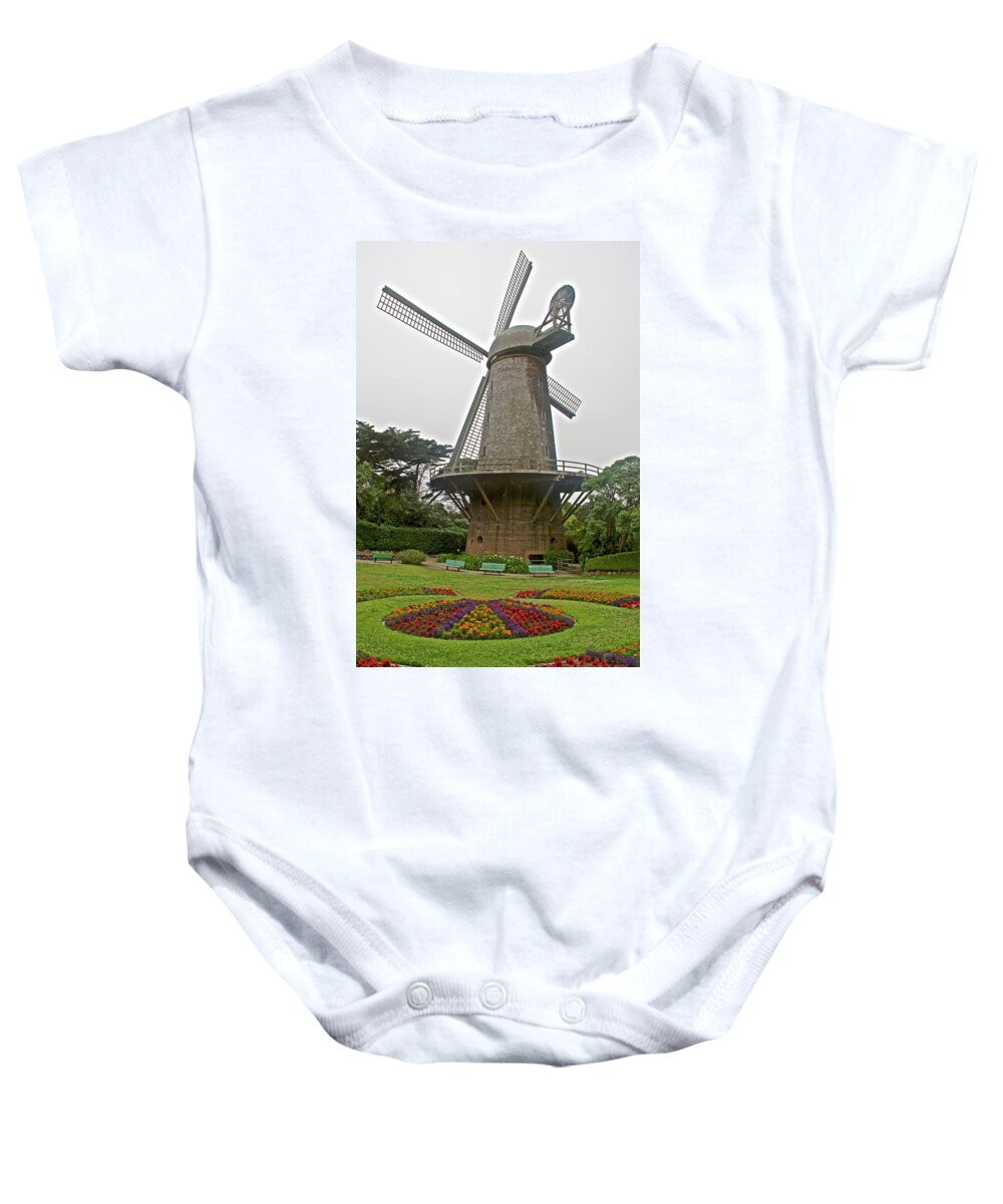 Dutch Windmill In Golden Gate Park In San Francisco Baby Onesie featuring the photograph Dutch Windmill in Golden Gate Park in San Francisco, California by Ruth Hager