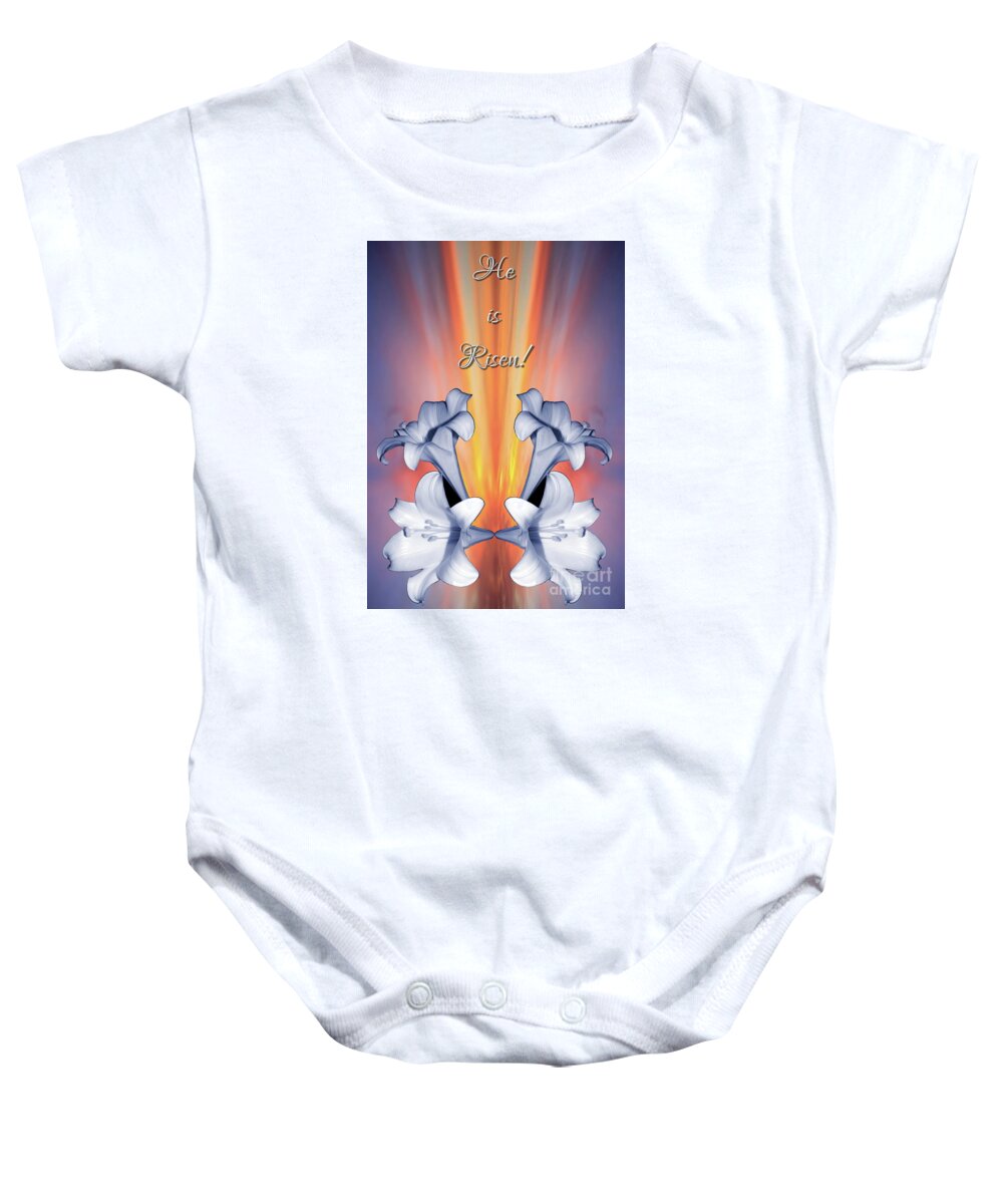 Easter Lilies Sunrise He Is Risen Baby Onesie featuring the mixed media Easter Lilies Sunrise He is Risen by Rose Santuci-Sofranko