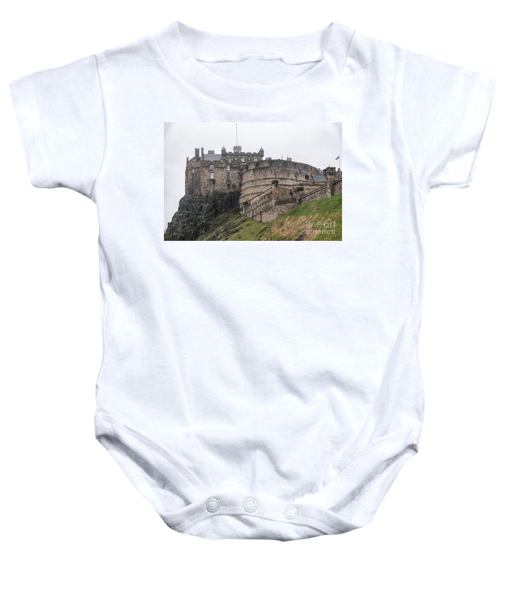 Dreek Baby Onesie featuring the photograph Edinburgh Castle in the Misty Rain by Antony McAulay