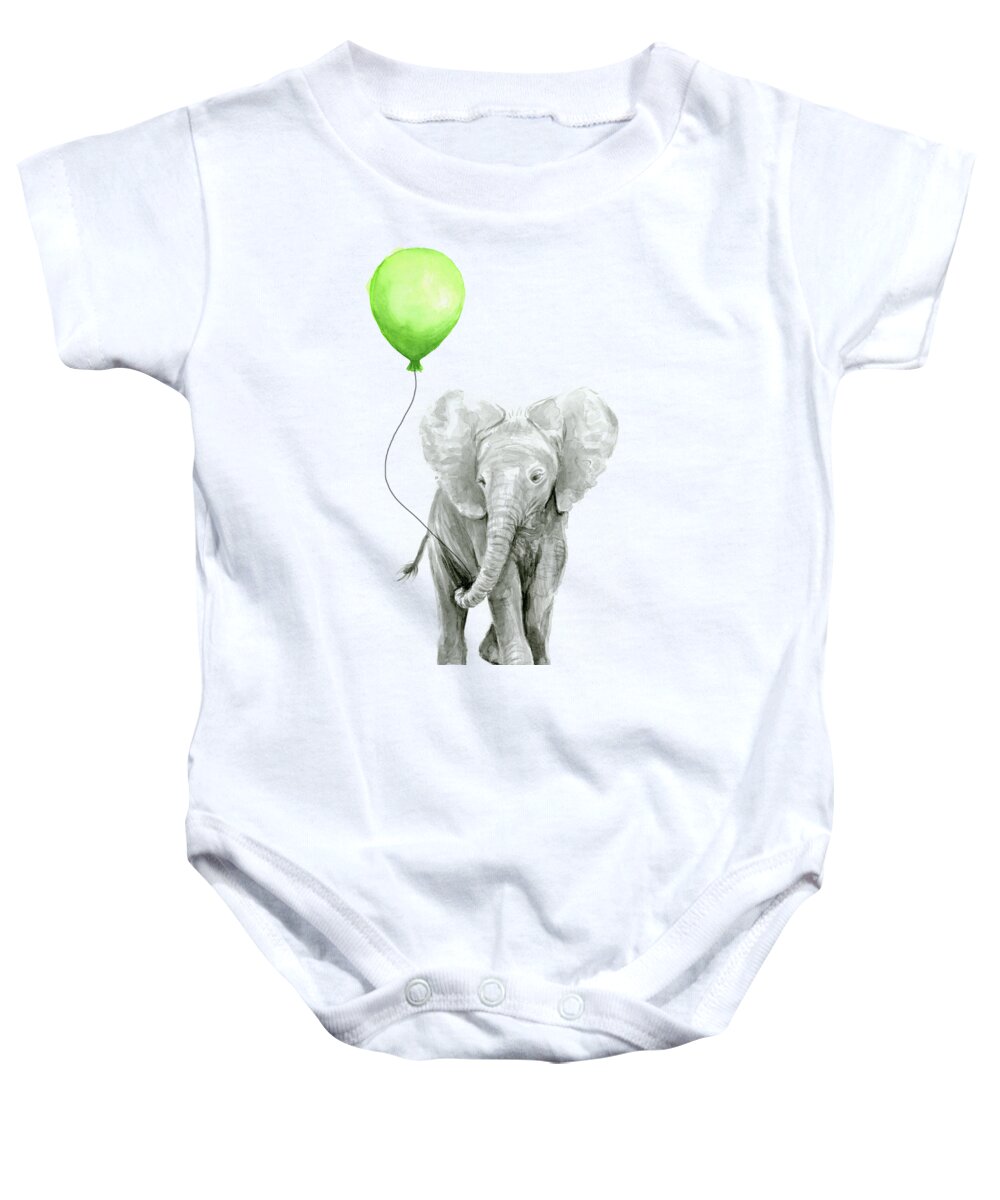 Elephant Baby Onesie featuring the painting Elephant Watercolor Green Balloon Kids Room Art by Olga Shvartsur