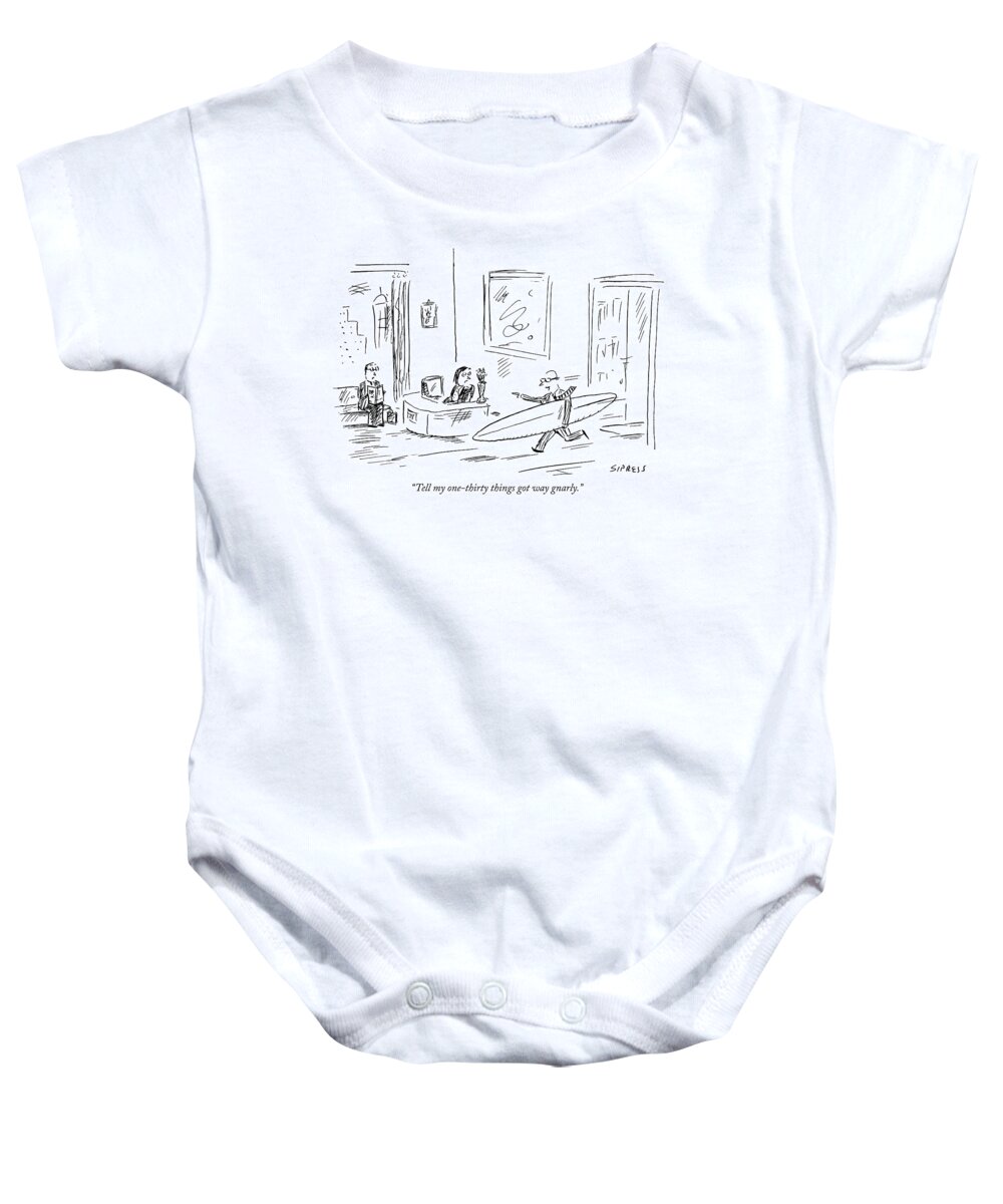 Sports Baby Onesie featuring the drawing Executive Running From His Office With Surfboard by David Sipress