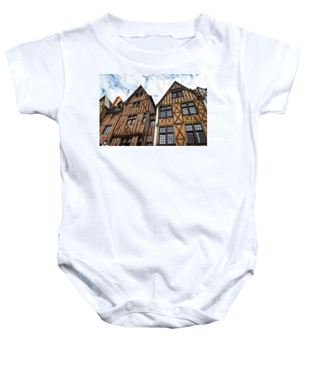 Tours Baby Onesie featuring the photograph Facades of half-timbered houses in Tours, France by GoodMood Art