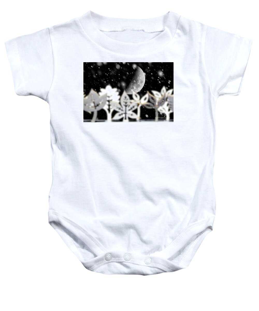 Moon Baby Onesie featuring the photograph Fantasy winter snow scene with moon by Simon Bratt