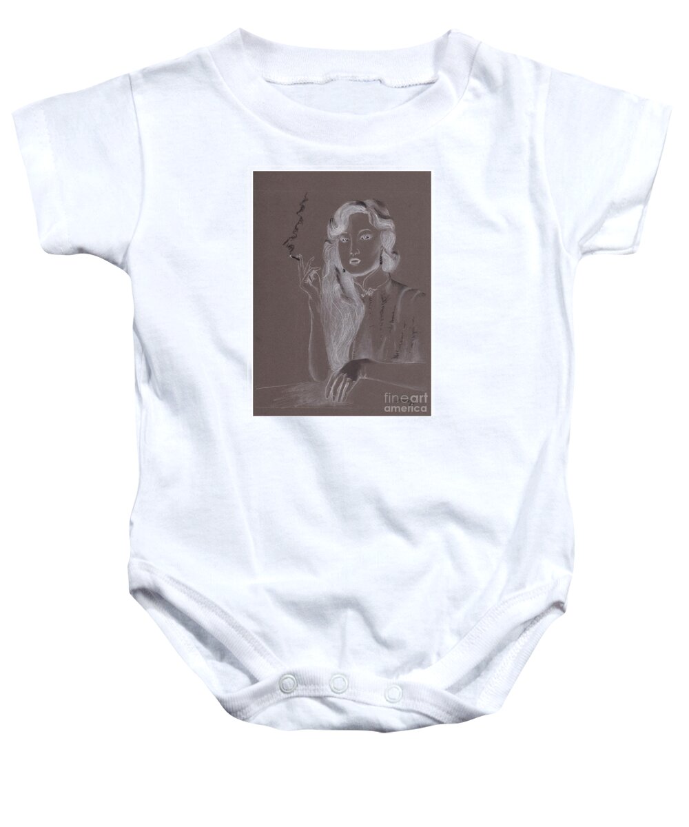 Negative Baby Onesie featuring the drawing Film Star Negative -- Portrait of Chinese Film Star by Jayne Somogy