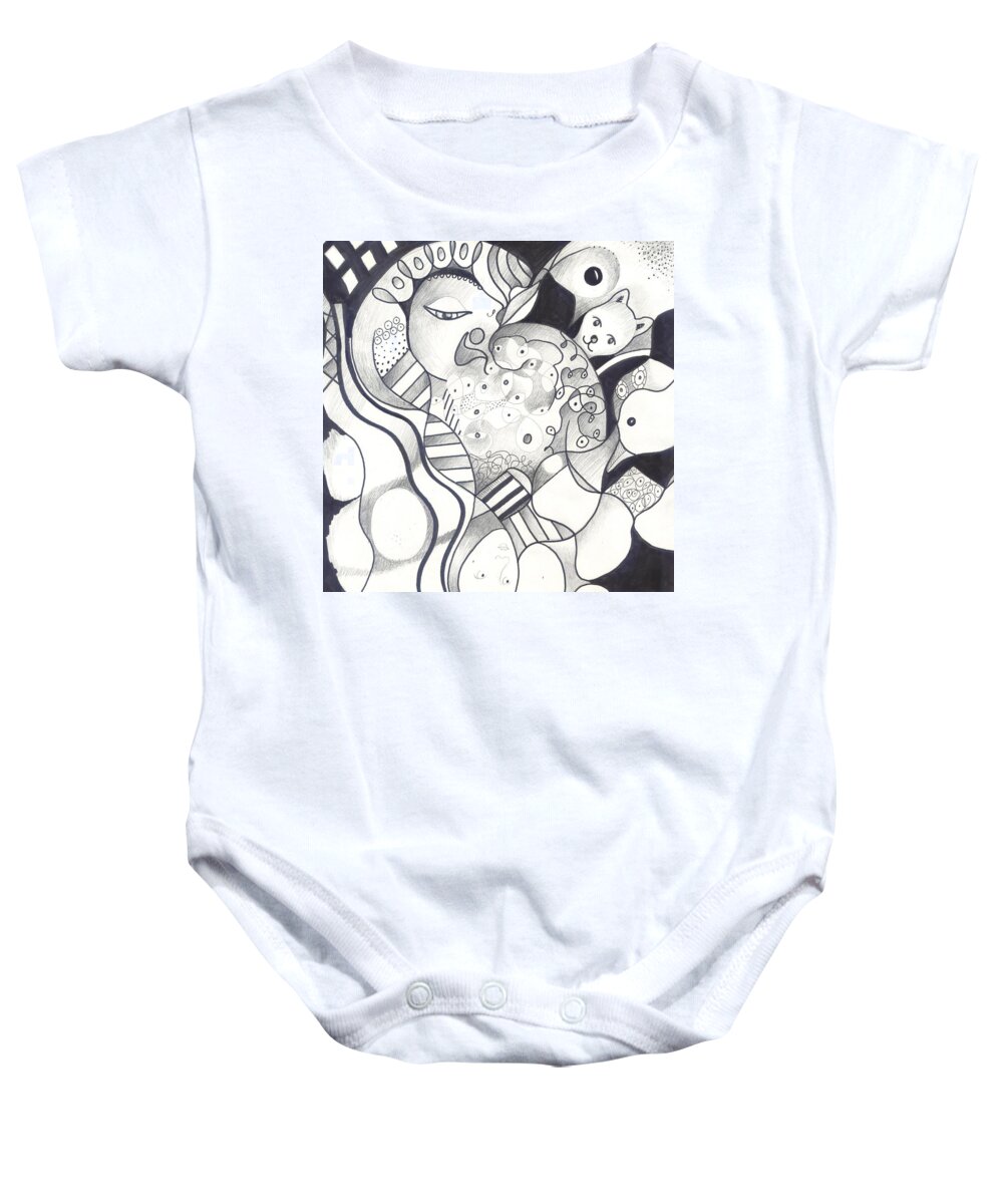 Figurative Abstraction Baby Onesie featuring the drawing Finding The Goose That Laid The Egg by Helena Tiainen