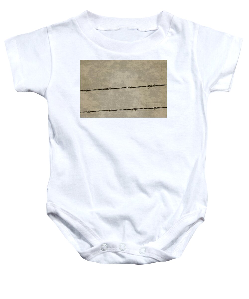 Prison Break Baby Onesie featuring the photograph Fine Art Photograph Barbed Wire over Vintage News Print Breaking Out by Colleen Cornelius